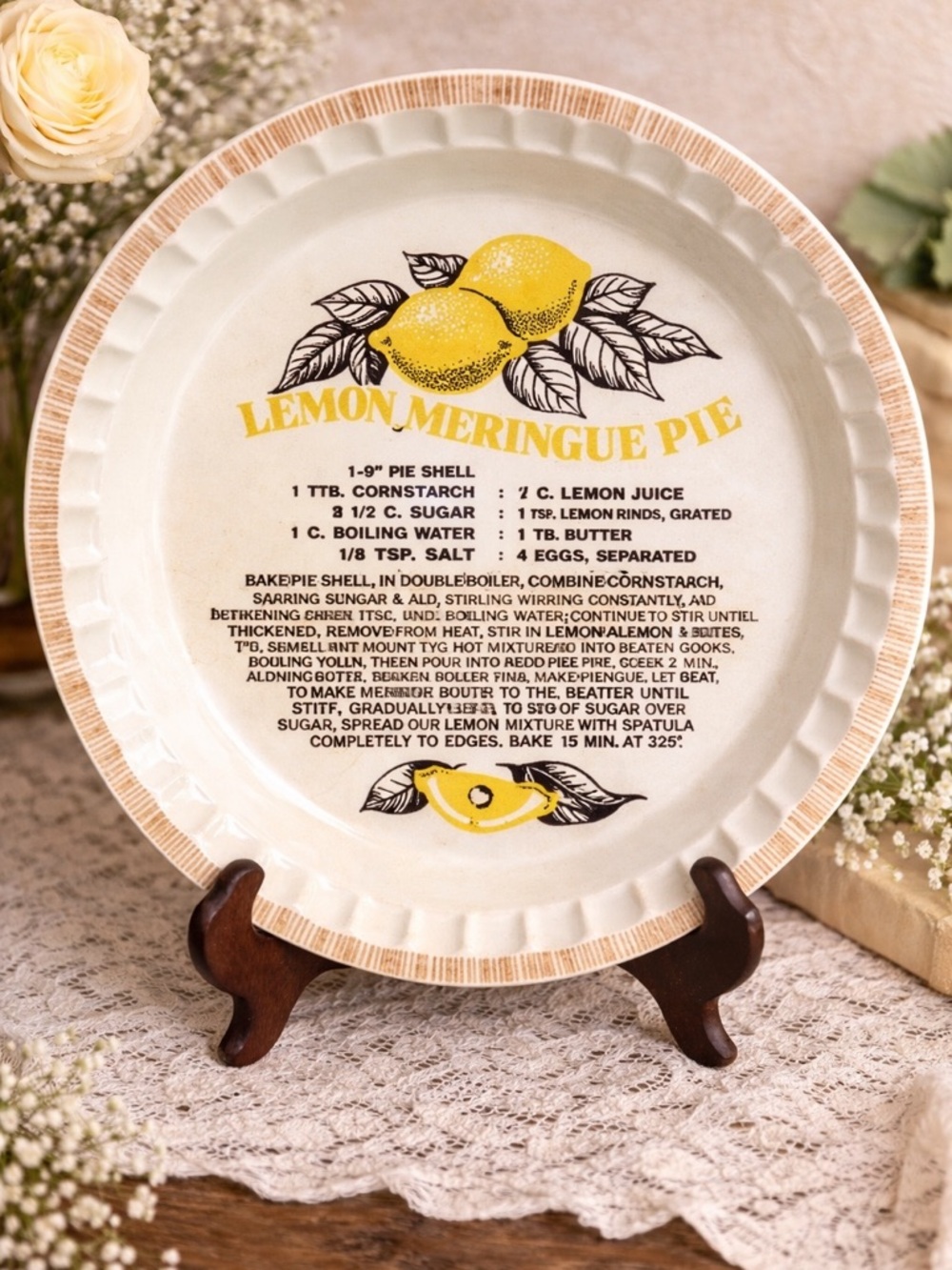 Vintage Lemon Meringue Pie Recipe Plate Yellow Lemons Grandma Core Kitchen Decor